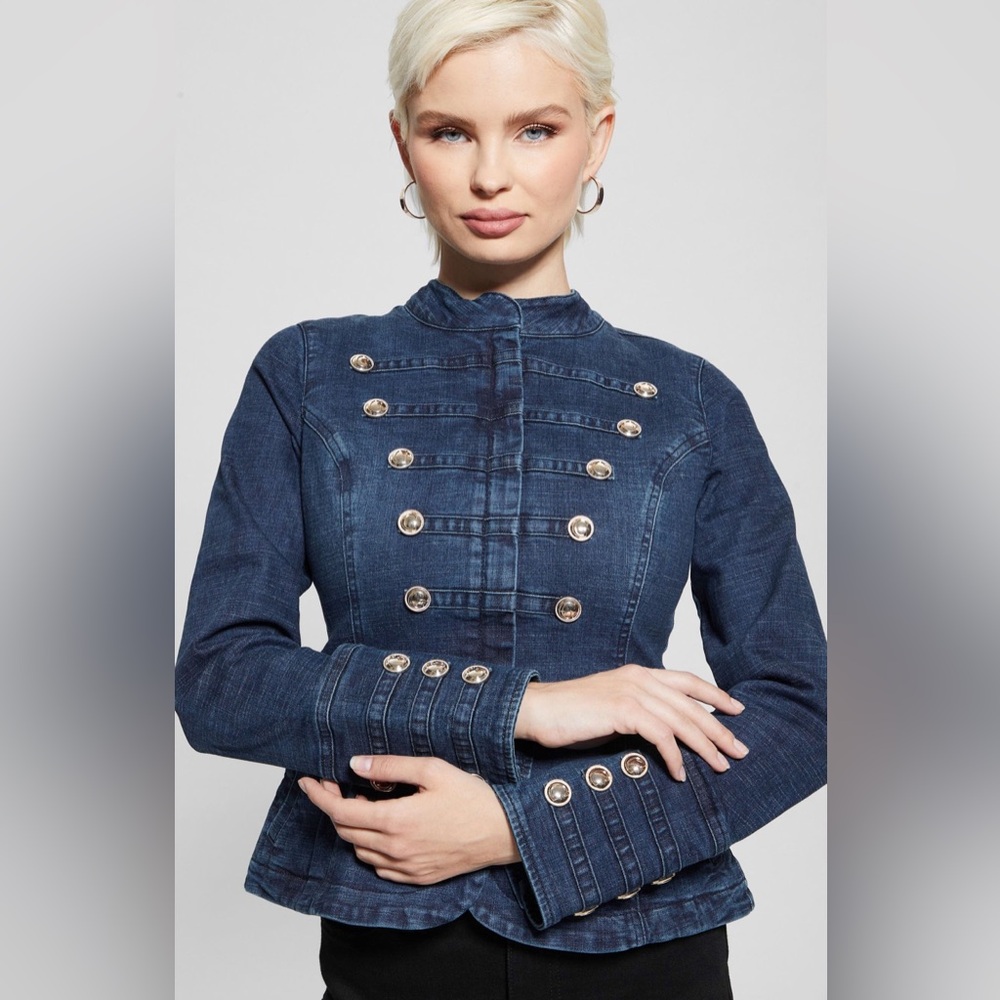 GUESS Women’s Clash Marching Band Denim Jacket Dark Wash Size M